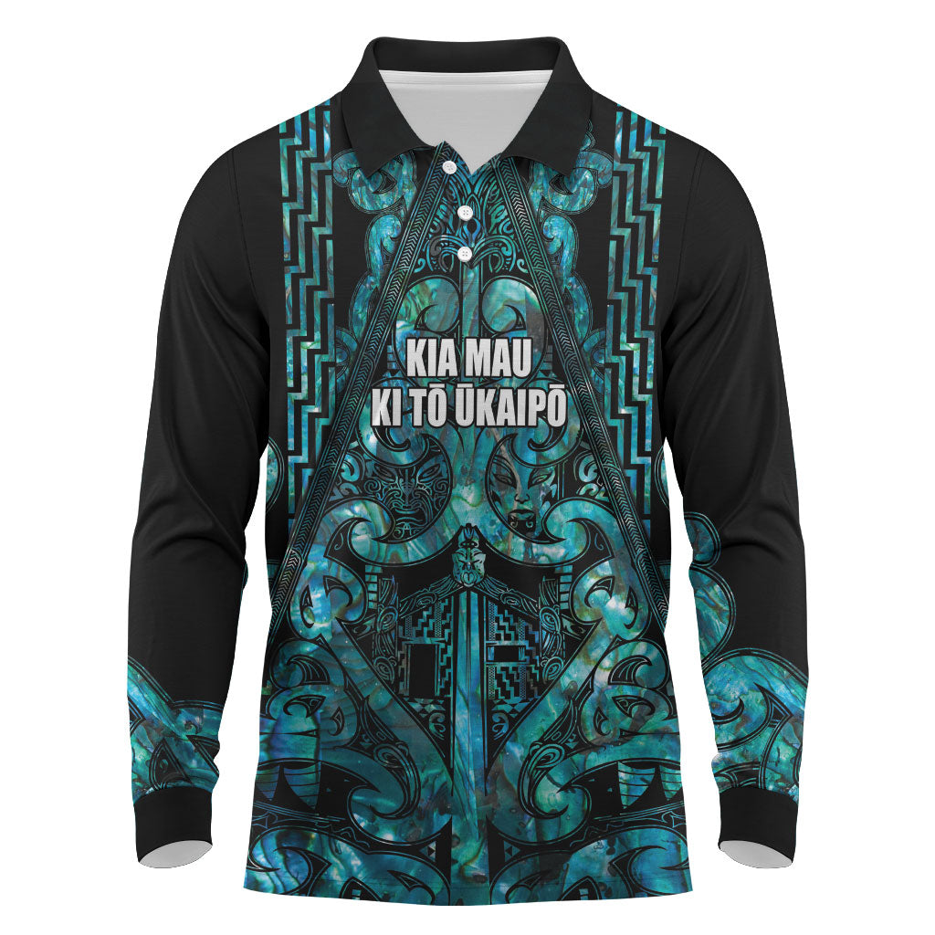 Maori Language Week Personalised Long Sleeve Polo Shirt Kia Mau Ki To Ukaipo Paua Shell Color LT14 Turquoise - Polynesian Pride
