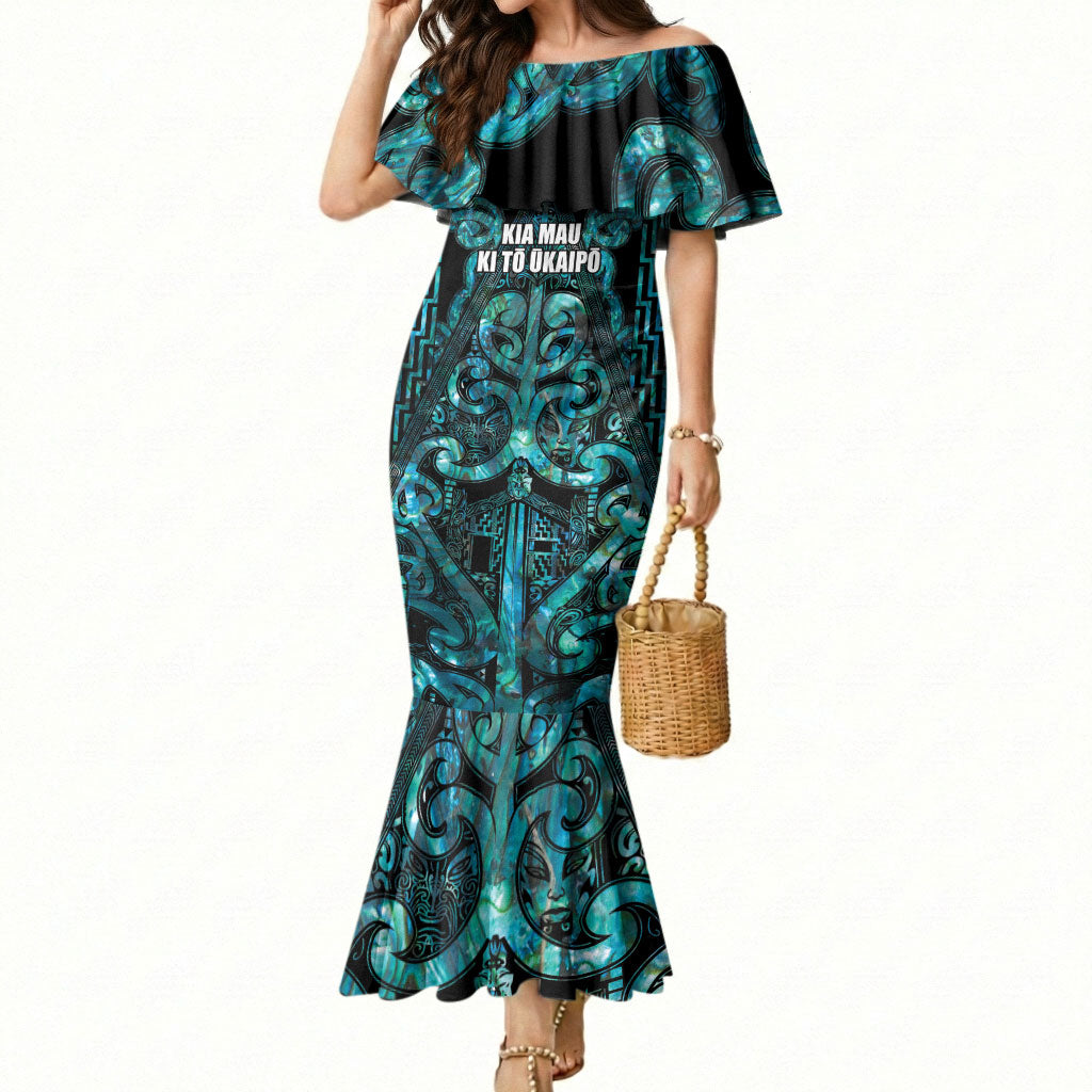 Maori Language Week Personalised Mermaid Dress Kia Mau Ki To Ukaipo Paua Shell Color LT14 Women Turquoise - Polynesian Pride
