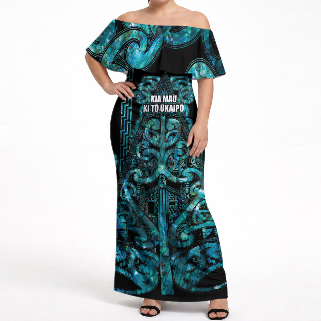 Maori Language Week Personalised Off Shoulder Maxi Dress Kia Mau Ki To Ukaipo Paua Shell Color LT14 Women Turquoise - Polynesian Pride