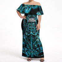 Maori Language Week Personalised Off Shoulder Maxi Dress Kia Mau Ki To Ukaipo Paua Shell Color LT14 Women Turquoise - Polynesian Pride