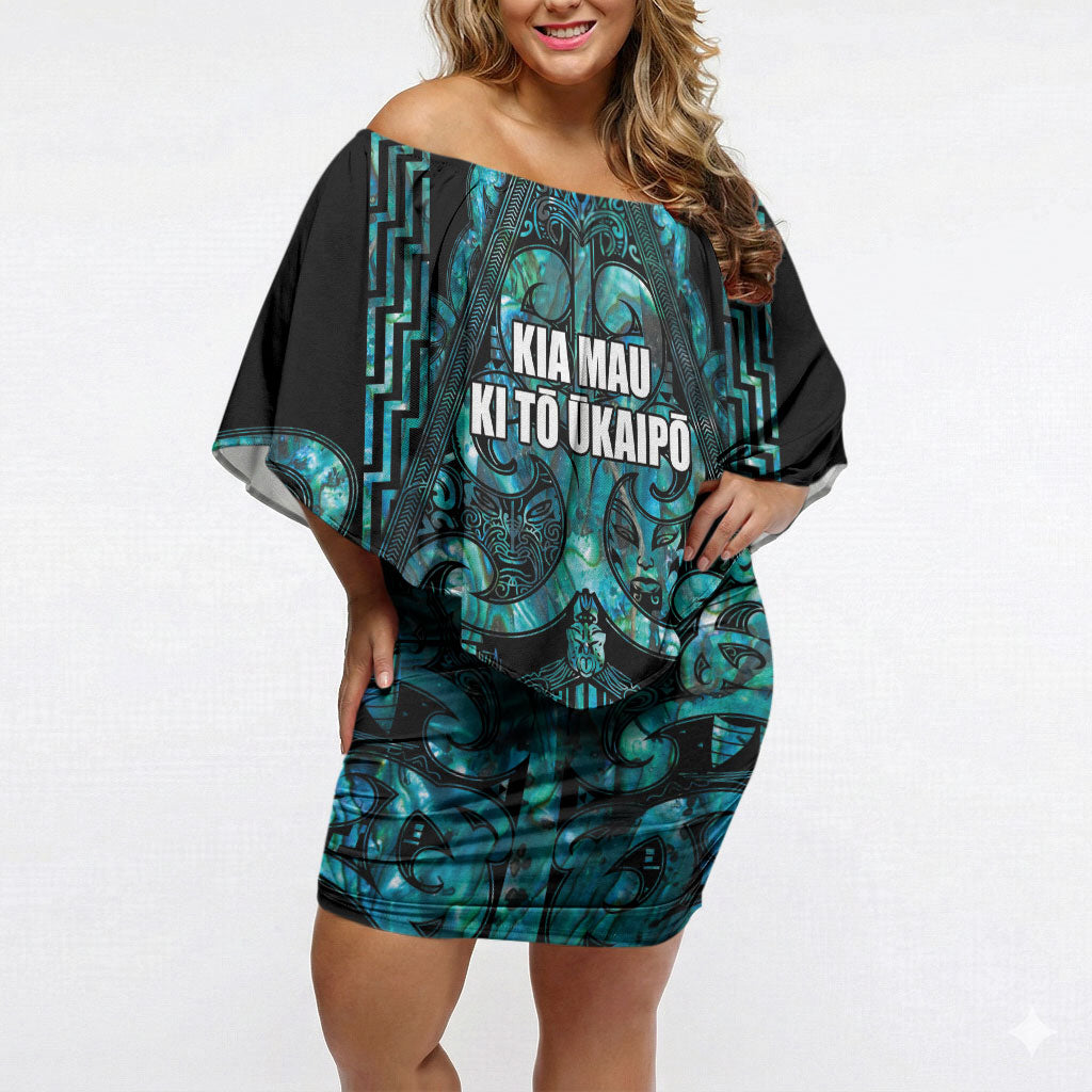 Maori Language Week Personalised Off Shoulder Short Dress Kia Mau Ki To Ukaipo Paua Shell Color LT14 Women Turquoise - Polynesian Pride