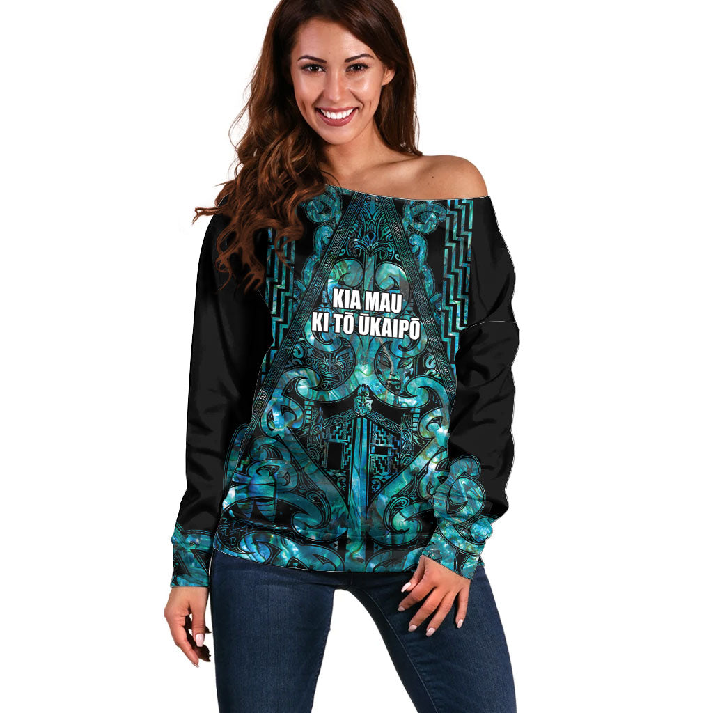 Maori Language Week Personalised Off Shoulder Sweater Kia Mau Ki To Ukaipo Paua Shell Color LT14 Women Turquoise - Polynesian Pride