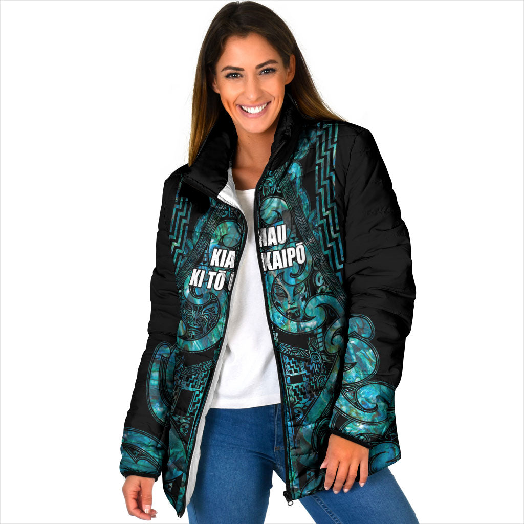Maori Language Week Personalised Padded Jacket Kia Mau Ki To Ukaipo Paua Shell Color LT14 Women Turquoise - Polynesian Pride