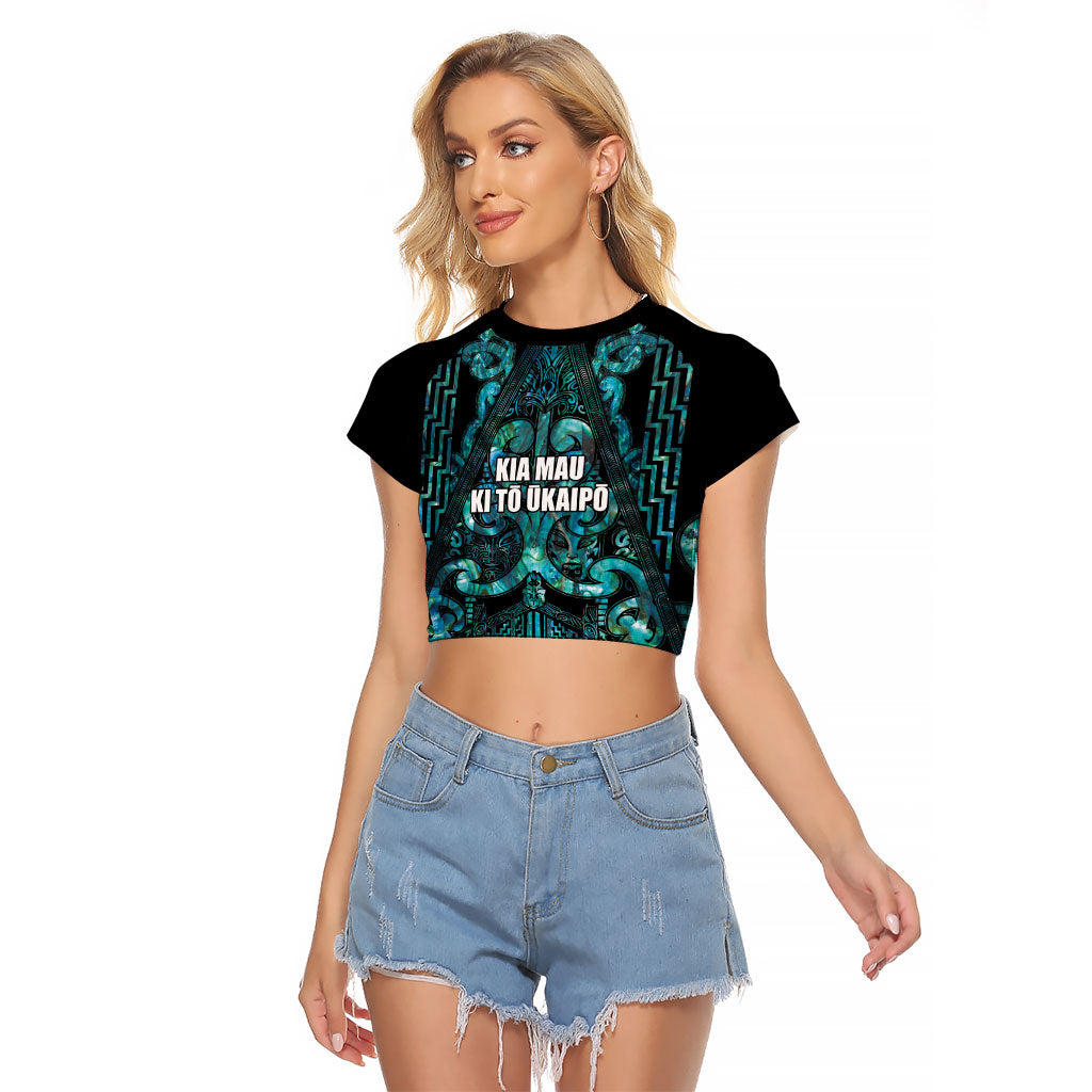 Maori Language Week Personalised Raglan Cropped T Shirt Kia Mau Ki To Ukaipo Paua Shell Color LT14 Female Turquoise - Polynesian Pride