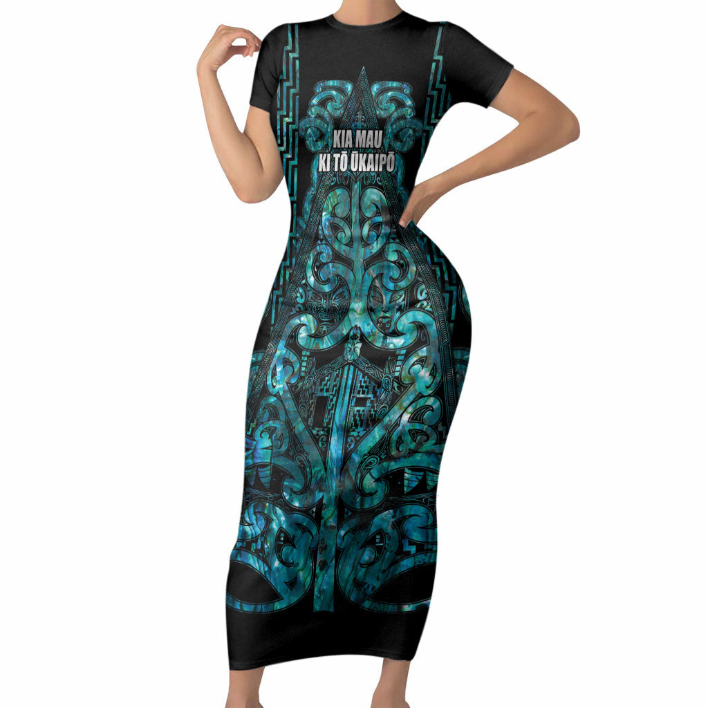 Maori Language Week Personalised Short Sleeve Bodycon Dress Kia Mau Ki To Ukaipo Paua Shell Color LT14 Long Dress Turquoise - Polynesian Pride