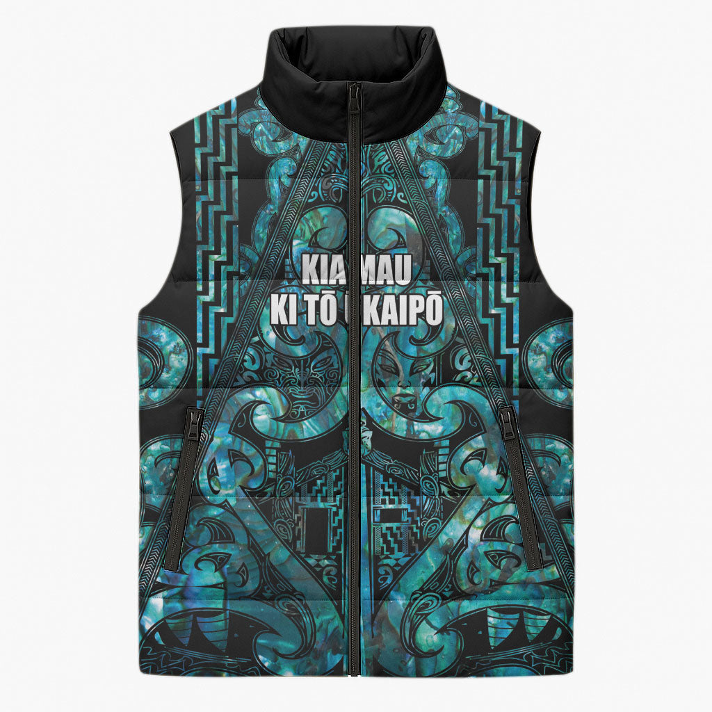 Maori Language Week Personalised Sleeveless Puffer Jacket Kia Mau Ki To Ukaipo Paua Shell Color LT14 Unisex Turquoise - Polynesian Pride