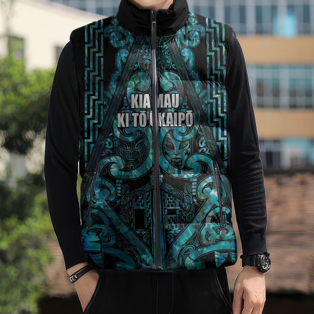 Maori Language Week Personalised Sleeveless Puffer Jacket Kia Mau Ki To Ukaipo Paua Shell Color LT14 - Polynesian Pride