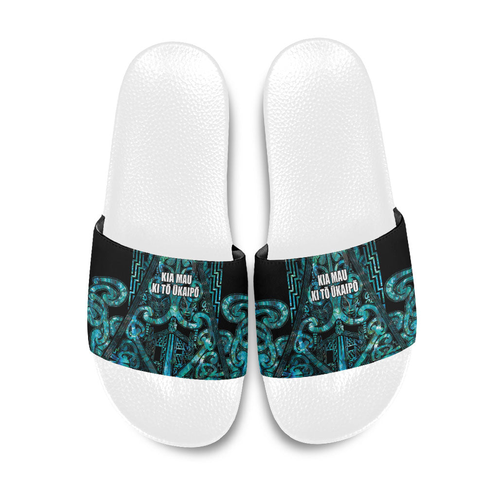Maori Language Week Slide Sandals Kia Mau Ki To Ukaipo Paua Shell Color LT14 Turquoise - Polynesian Pride