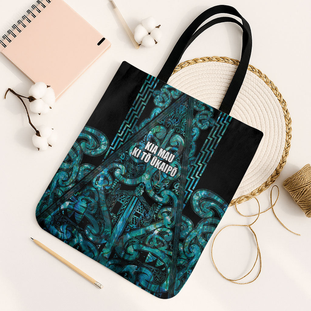 Maori Language Week Tote Bag Kia Mau Ki To Ukaipo Paua Shell Color LT14 Black Strap One Size Turquoise - Polynesian Pride