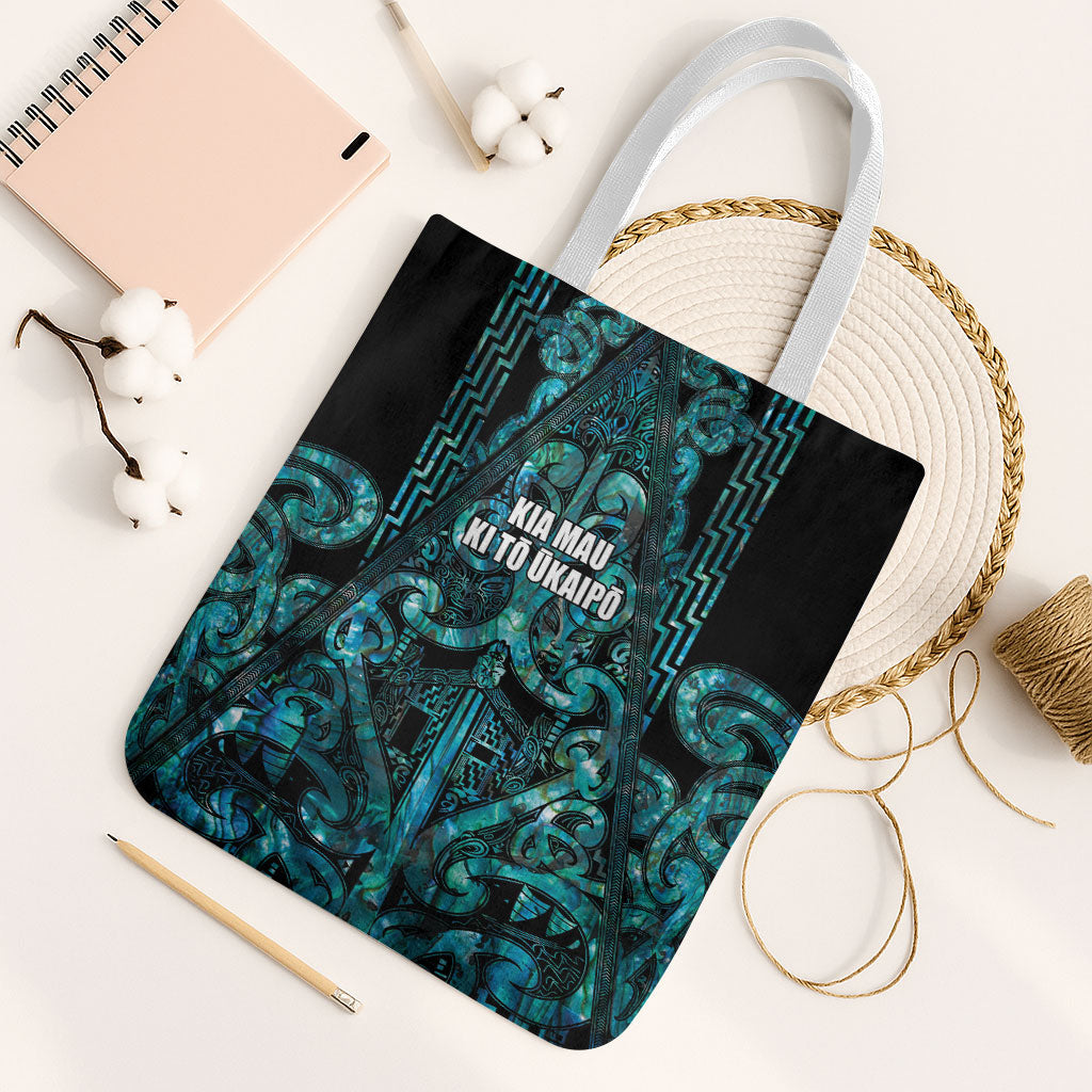 Maori Language Week Tote Bag Kia Mau Ki To Ukaipo Paua Shell Color LT14 White Strap One Size Turquoise - Polynesian Pride