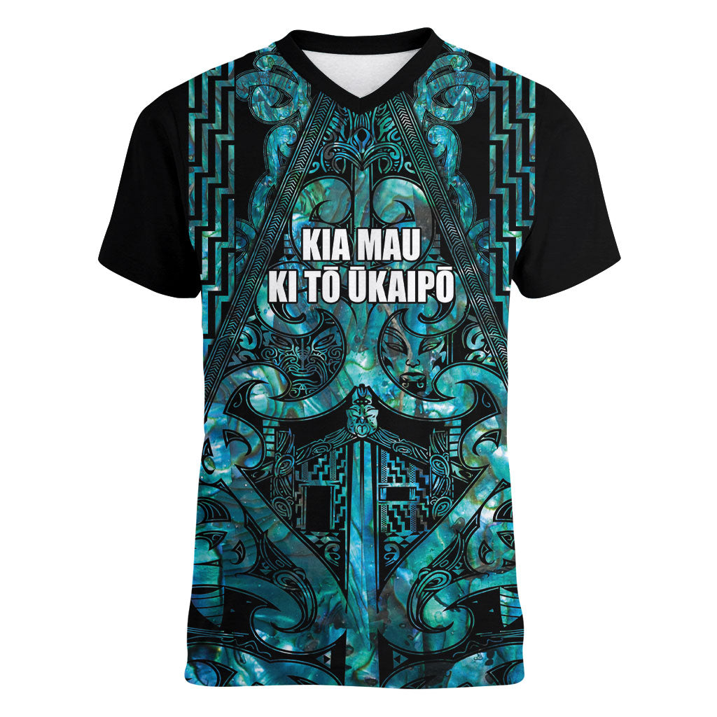 Maori Language Week Personalised Women V-Neck T-Shirt Kia Mau Ki To Ukaipo Paua Shell Color LT14 Female Turquoise - Polynesian Pride