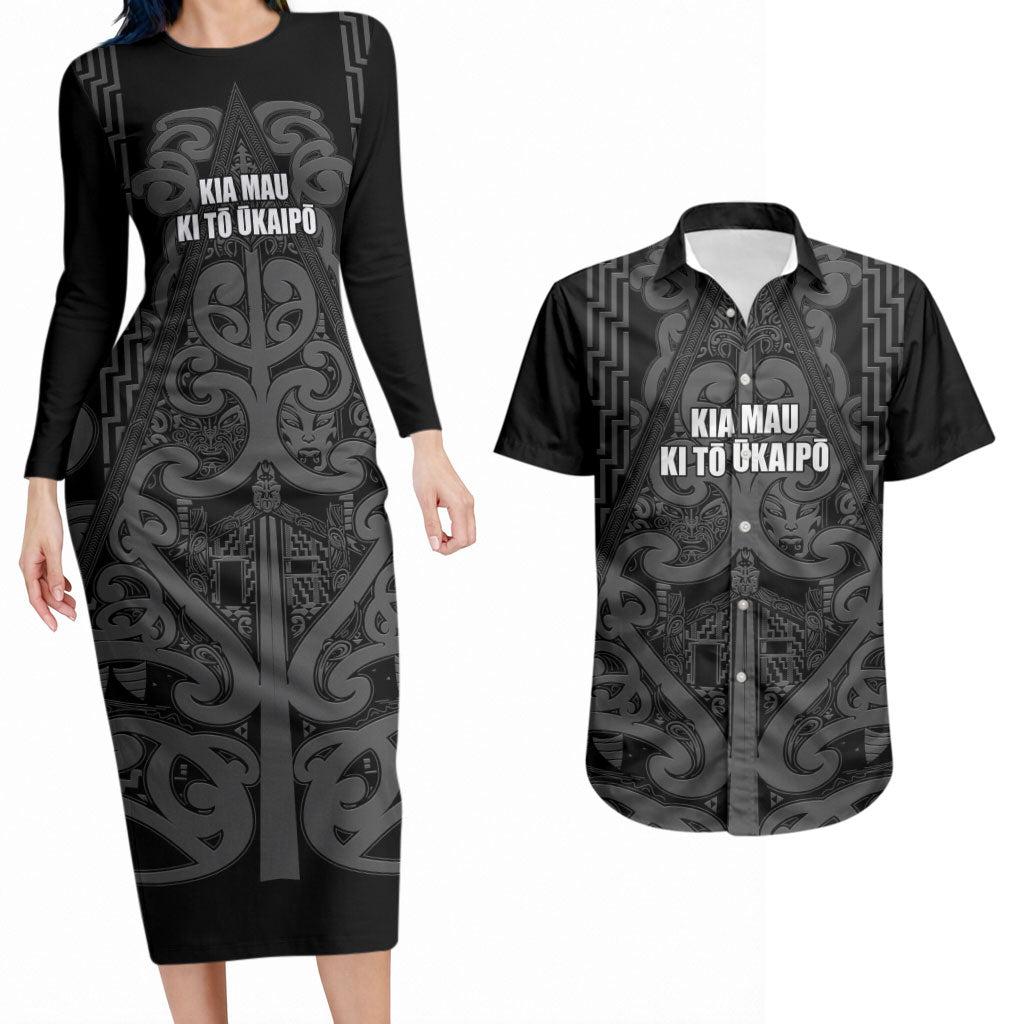 Maori Language Week Personalised Couples Matching Long Sleeve Bodycon Dress and Hawaiian Shirt Kia Mau Ki To Ukaipo Grey Color LT14 Grey - Polynesian Pride