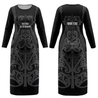 Maori Language Week Personalised Couples Matching Long Sleeve Bodycon Dress and Hawaiian Shirt Kia Mau Ki To Ukaipo Grey Color LT14 - Polynesian Pride