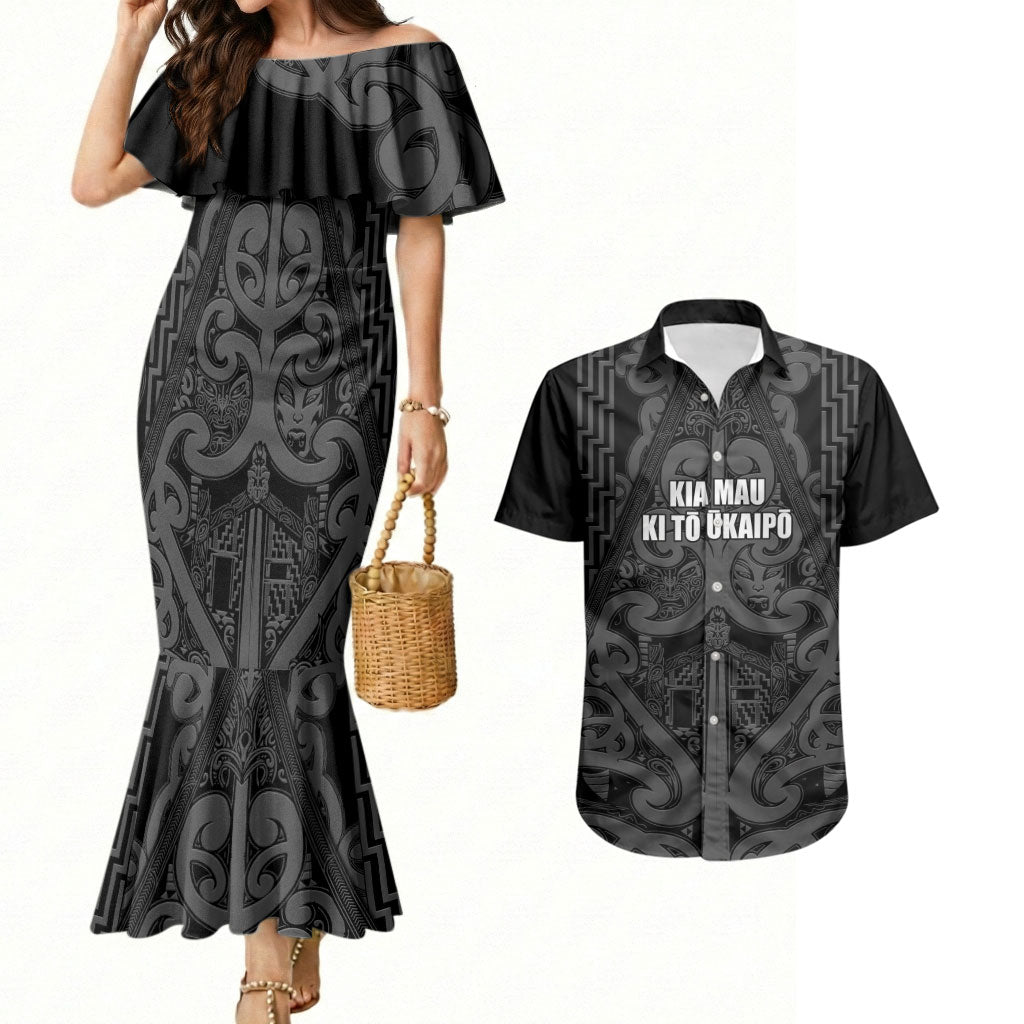 Maori Language Week Personalised Couples Matching Mermaid Dress and Hawaiian Shirt Kia Mau Ki To Ukaipo Grey Color LT14 Grey - Polynesian Pride