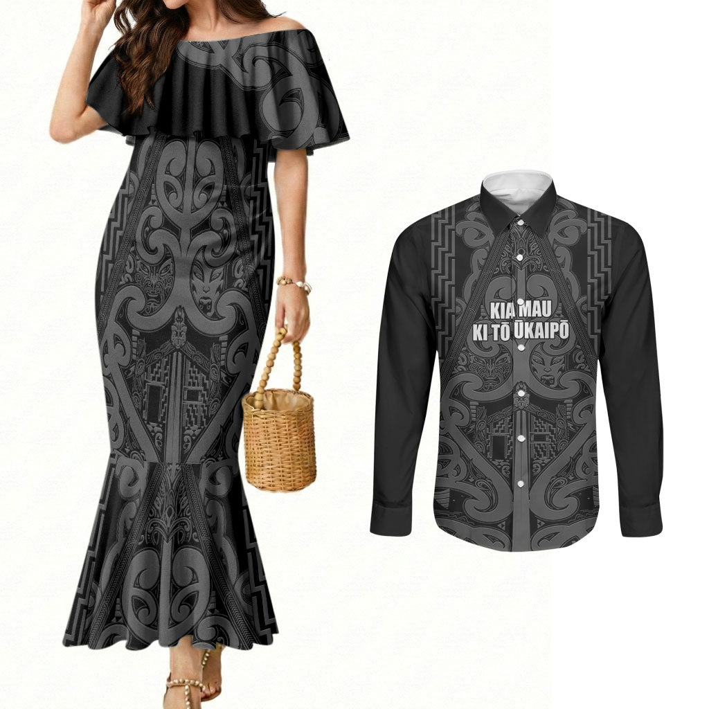 Maori Language Week Personalised Couples Matching Mermaid Dress and Long Sleeve Button Shirt Kia Mau Ki To Ukaipo Grey Color LT14 Grey - Polynesian Pride