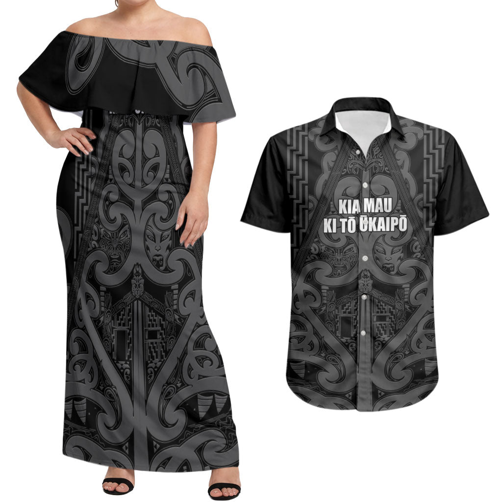 Maori Language Week Personalised Couples Matching Off Shoulder Maxi Dress and Hawaiian Shirt Kia Mau Ki To Ukaipo Grey Color LT14 Grey - Polynesian Pride