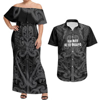 Maori Language Week Personalised Couples Matching Off Shoulder Maxi Dress and Hawaiian Shirt Kia Mau Ki To Ukaipo Grey Color LT14 Grey - Polynesian Pride