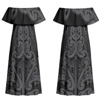 Maori Language Week Personalised Couples Matching Off Shoulder Maxi Dress and Hawaiian Shirt Kia Mau Ki To Ukaipo Grey Color LT14 - Polynesian Pride