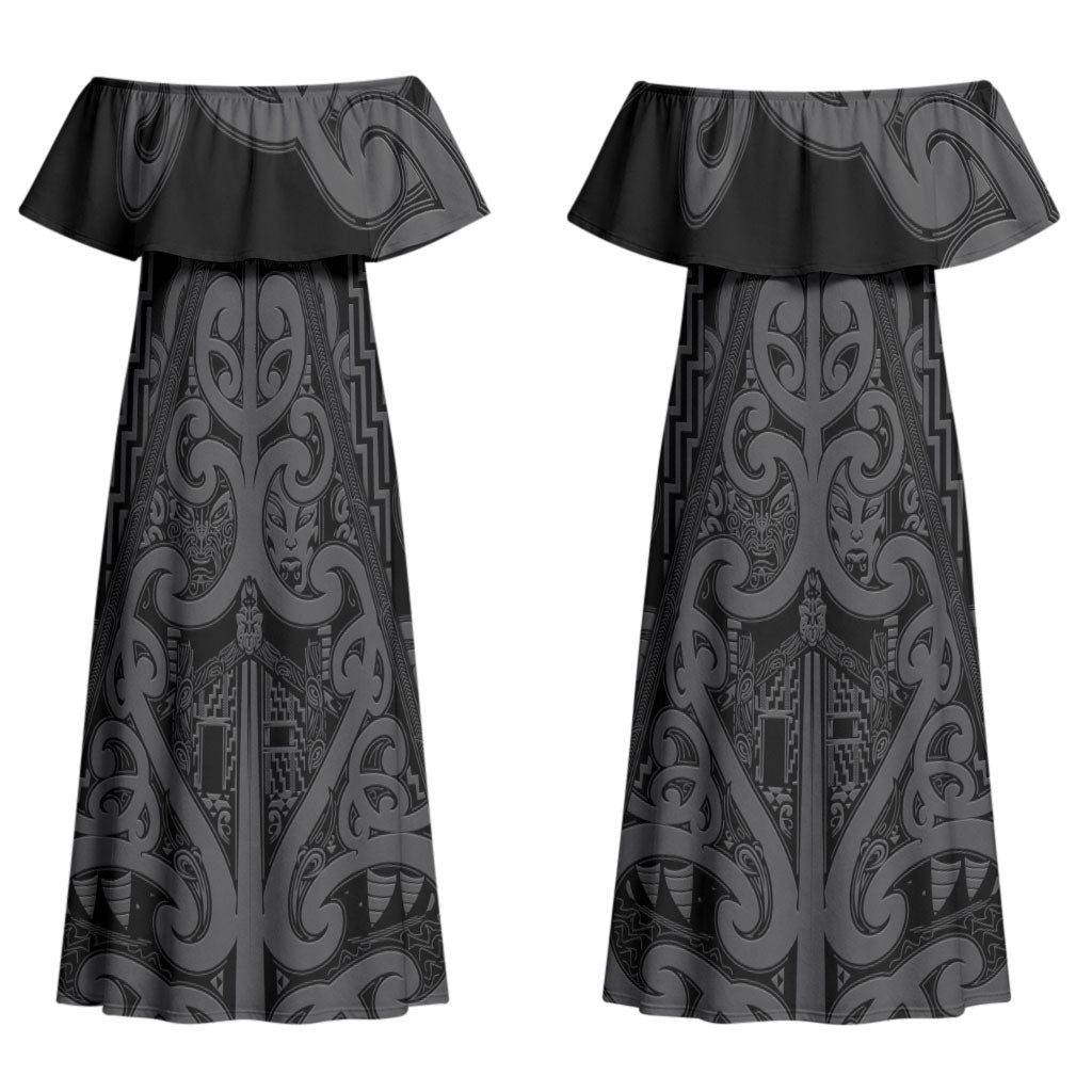 Maori Language Week Personalised Couples Matching Off Shoulder Maxi Dress and Long Sleeve Button Shirt Kia Mau Ki To Ukaipo Grey Color LT14 - Polynesian Pride