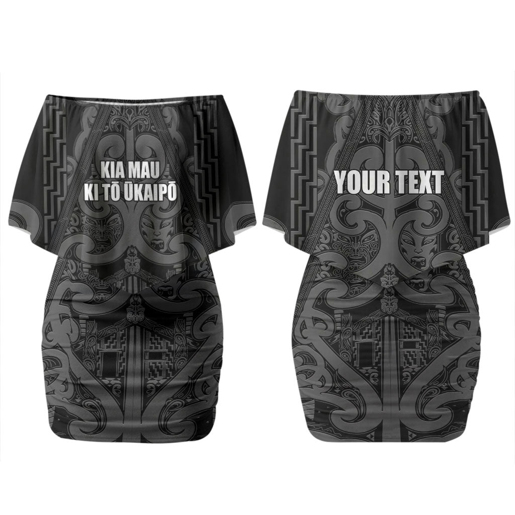 Maori Language Week Personalised Couples Matching Off Shoulder Short Dress and Hawaiian Shirt Kia Mau Ki To Ukaipo Grey Color LT14 - Polynesian Pride
