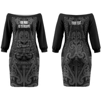 Maori Language Week Personalised Couples Matching Off The Shoulder Long Sleeve Dress and Long Sleeve Button Shirt Kia Mau Ki To Ukaipo Grey Color LT14 - Polynesian Pride