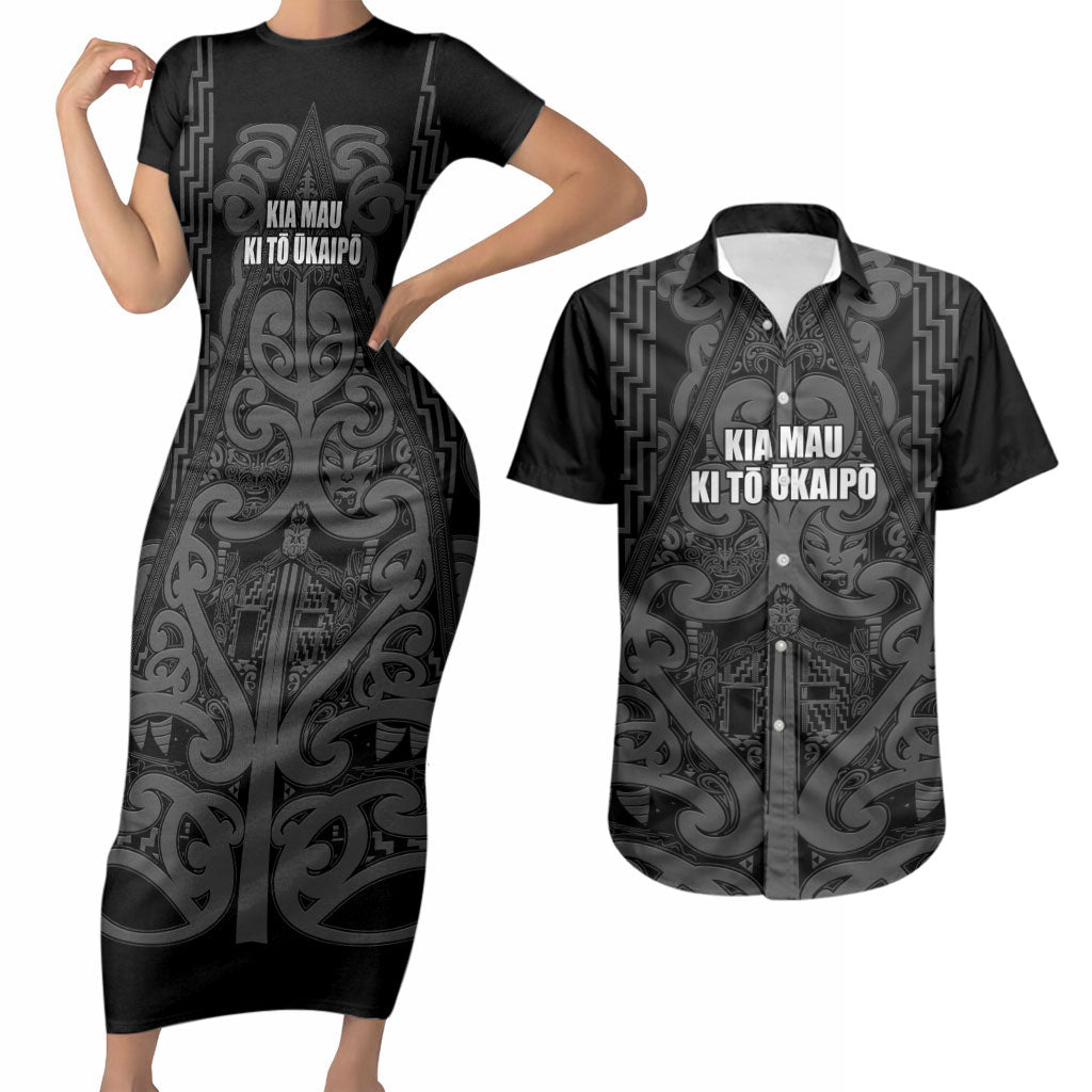 Maori Language Week Personalised Couples Matching Short Sleeve Bodycon Dress and Hawaiian Shirt Kia Mau Ki To Ukaipo Grey Color LT14 Grey - Polynesian Pride