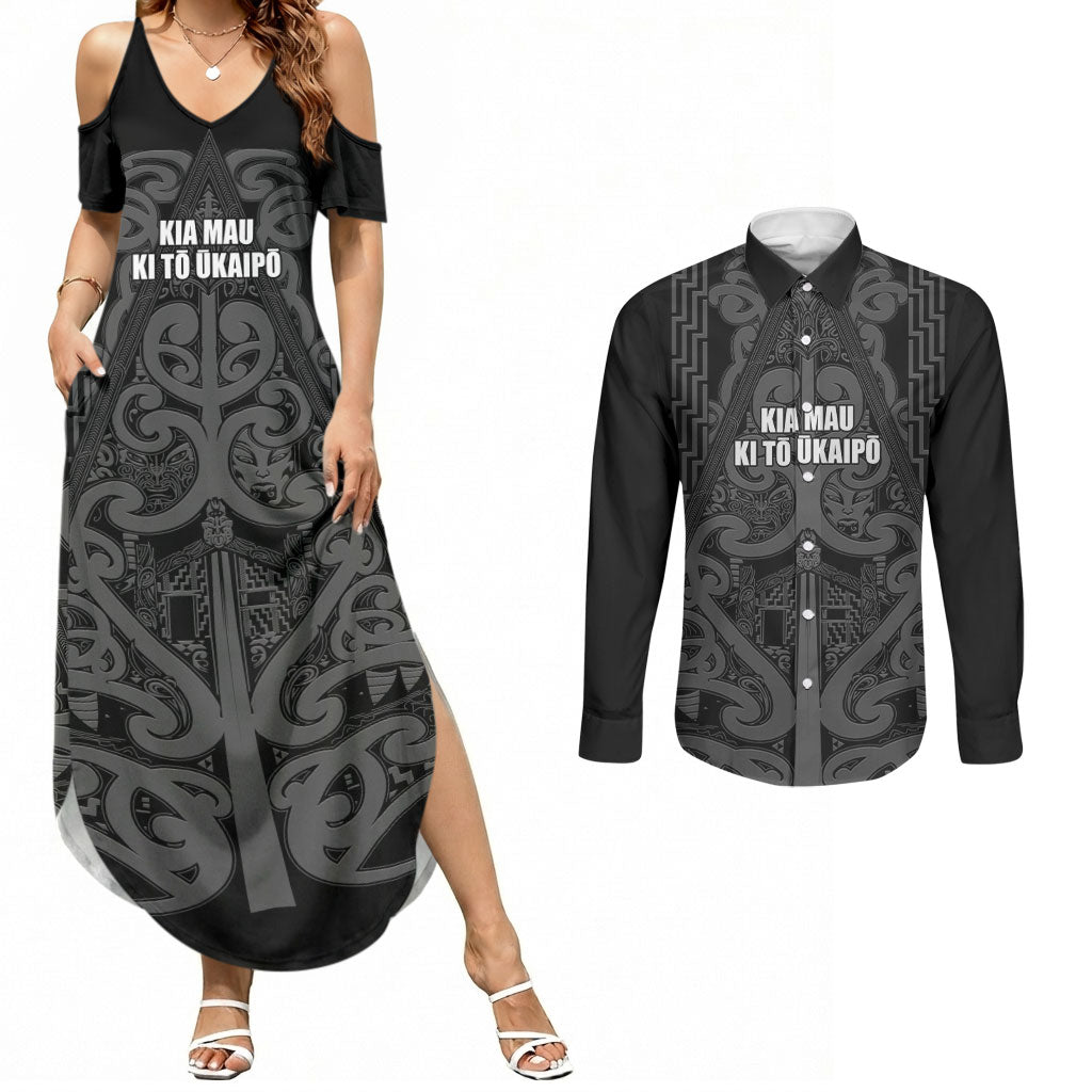 Maori Language Week Personalised Couples Matching Summer Maxi Dress and Long Sleeve Button Shirt Kia Mau Ki To Ukaipo Grey Color LT14 Grey - Polynesian Pride