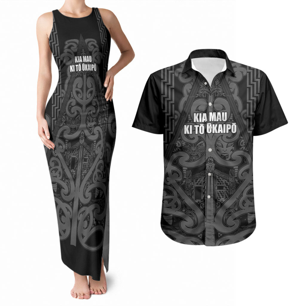 Maori Language Week Personalised Couples Matching Tank Maxi Dress and Hawaiian Shirt Kia Mau Ki To Ukaipo Grey Color LT14 Grey - Polynesian Pride