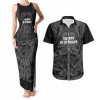 Maori Language Week Personalised Couples Matching Tank Maxi Dress and Hawaiian Shirt Kia Mau Ki To Ukaipo Grey Color LT14 Grey - Polynesian Pride