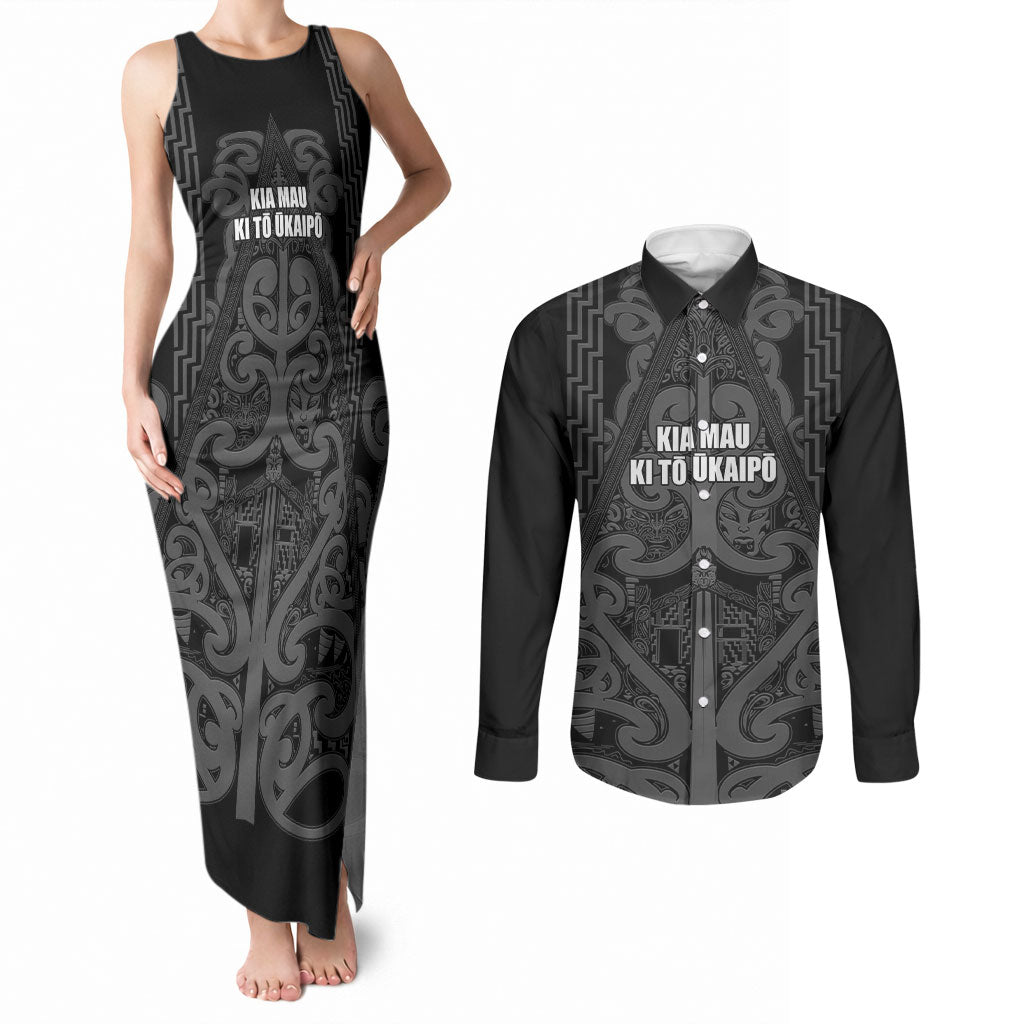 Maori Language Week Personalised Couples Matching Tank Maxi Dress and Long Sleeve Button Shirt Kia Mau Ki To Ukaipo Grey Color LT14 Grey - Polynesian Pride