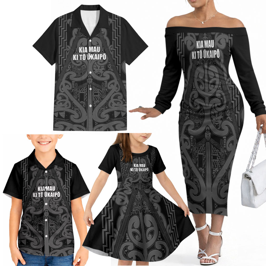 Maori Language Week Personalised Family Matching Off The Shoulder Long Sleeve Dress and Hawaiian Shirt Kia Mau Ki To Ukaipo Grey Color LT14 - Polynesian Pride