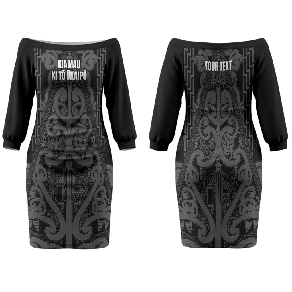Maori Language Week Personalised Family Matching Off The Shoulder Long Sleeve Dress and Hawaiian Shirt Kia Mau Ki To Ukaipo Grey Color LT14 Mom's Dress Grey - Polynesian Pride