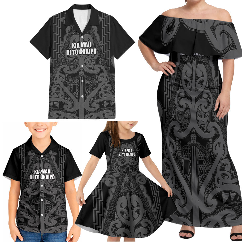 Maori Language Week Personalised Family Matching Off Shoulder Maxi Dress and Hawaiian Shirt Kia Mau Ki To Ukaipo Grey Color