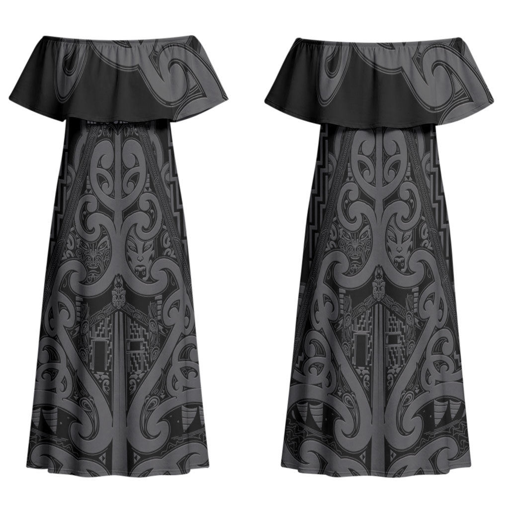 Maori Language Week Personalised Family Matching Off Shoulder Maxi Dress and Hawaiian Shirt Kia Mau Ki To Ukaipo Grey Color LT14 Mom's Dress Grey - Polynesian Pride