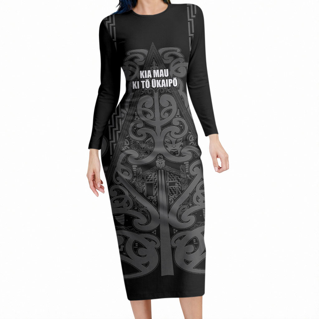 Maori Language Week Personalised Long Sleeve Bodycon Dress Kia Mau Ki To Ukaipo Grey Color LT14 Long Dress Grey - Polynesian Pride
