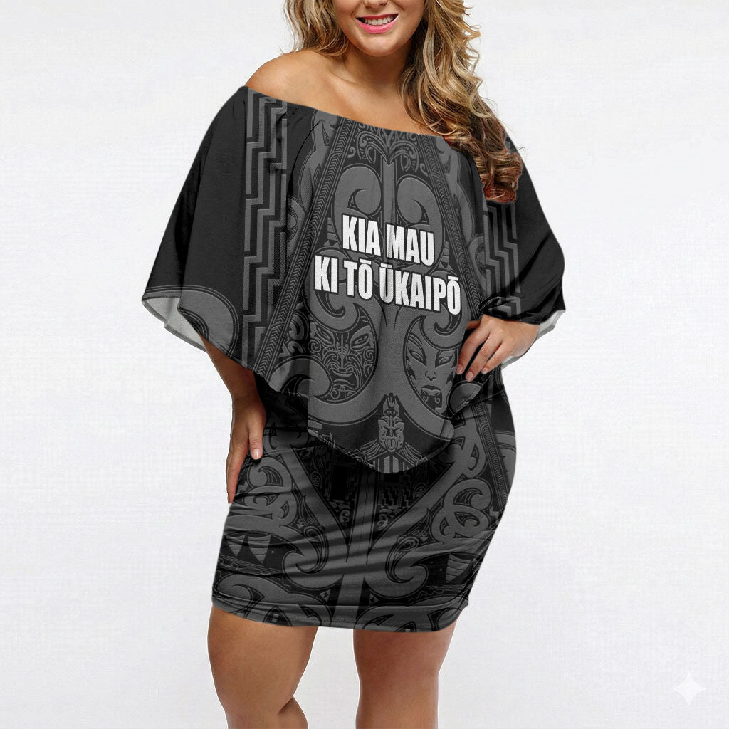 Maori Language Week Personalised Off Shoulder Short Dress Kia Mau Ki To Ukaipo Grey Color LT14 Women Grey - Polynesian Pride