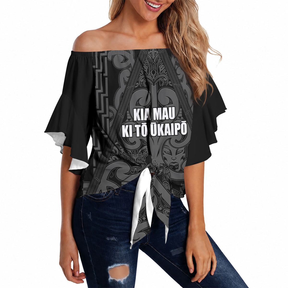 Maori Language Week Personalised Off Shoulder Wrap Waist Top Kia Mau Ki To Ukaipo Grey Color LT14 Grey - Polynesian Pride