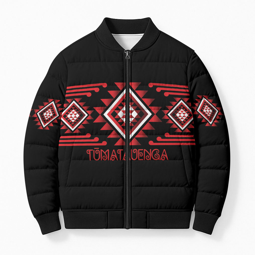 Aotearoa Atua Tumatauenga Personalised Bomber Puffer Jacket Maori God Of War Taniko Motifs LT14 Unisex Red - Polynesian Pride