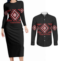 Aotearoa Atua Tumatauenga Personalised Couples Matching Long Sleeve Bodycon Dress and Long Sleeve Button Shirt Maori God Of War Taniko Motifs LT14 Red - Polynesian Pride