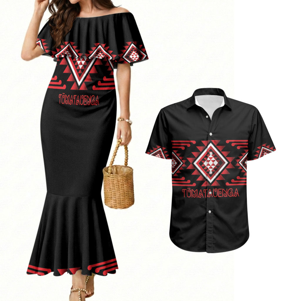 Aotearoa Atua Tumatauenga Personalised Couples Matching Mermaid Dress and Hawaiian Shirt Maori God Of War Taniko Motifs LT14 Red - Polynesian Pride