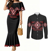 Aotearoa Atua Tumatauenga Personalised Couples Matching Mermaid Dress and Long Sleeve Button Shirt Maori God Of War Taniko Motifs LT14 Red - Polynesian Pride