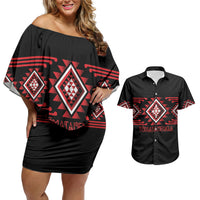 Aotearoa Atua Tumatauenga Personalised Couples Matching Off Shoulder Short Dress and Hawaiian Shirt Maori God Of War Taniko Motifs LT14 Red - Polynesian Pride