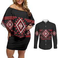 Aotearoa Atua Tumatauenga Personalised Couples Matching Off Shoulder Short Dress and Long Sleeve Button Shirt Maori God Of War Taniko Motifs LT14 Red - Polynesian Pride