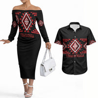 Aotearoa Atua Tumatauenga Personalised Couples Matching Off The Shoulder Long Sleeve Dress and Hawaiian Shirt Maori God Of War Taniko Motifs LT14 Red - Polynesian Pride