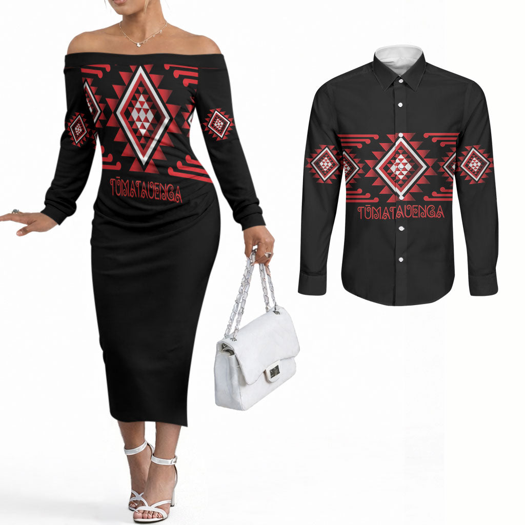 Aotearoa Atua Tumatauenga Personalised Couples Matching Off The Shoulder Long Sleeve Dress and Long Sleeve Button Shirt Maori God Of War Taniko Motifs LT14 Red - Polynesian Pride