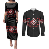 Aotearoa Atua Tumatauenga Personalised Couples Matching Puletasi and Long Sleeve Button Shirt Maori God Of War Taniko Motifs LT14 Red - Polynesian Pride