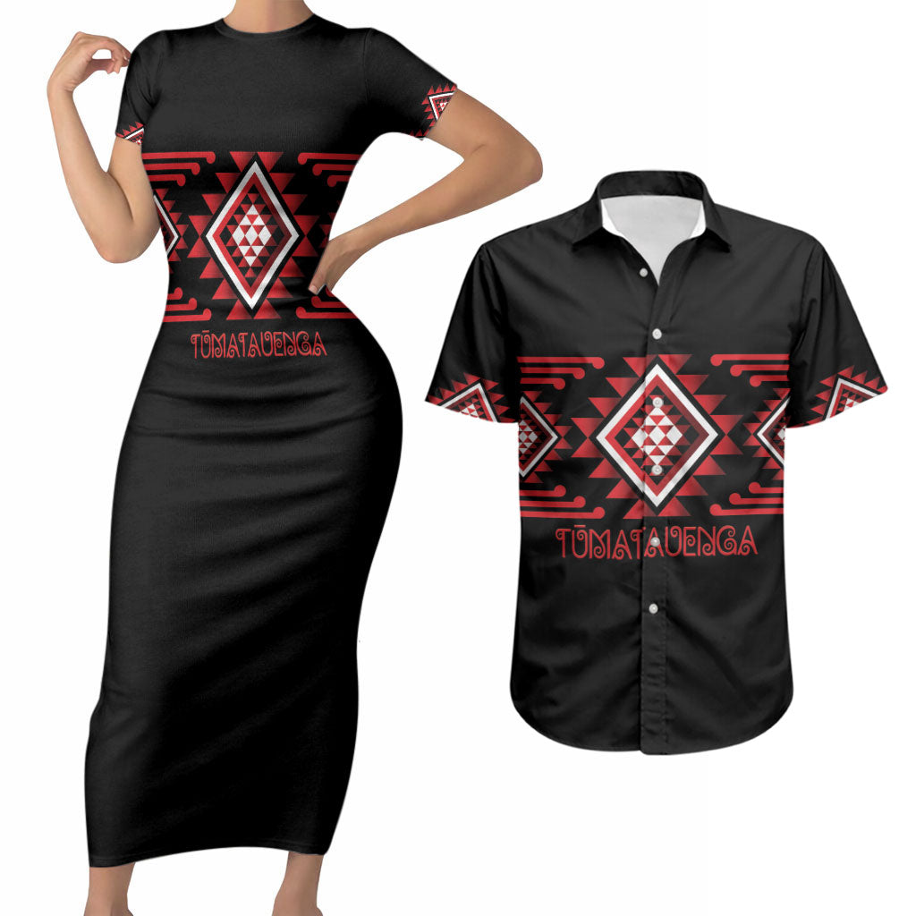 Aotearoa Atua Tumatauenga Personalised Couples Matching Short Sleeve Bodycon Dress and Hawaiian Shirt Maori God Of War Taniko Motifs LT14 Red - Polynesian Pride