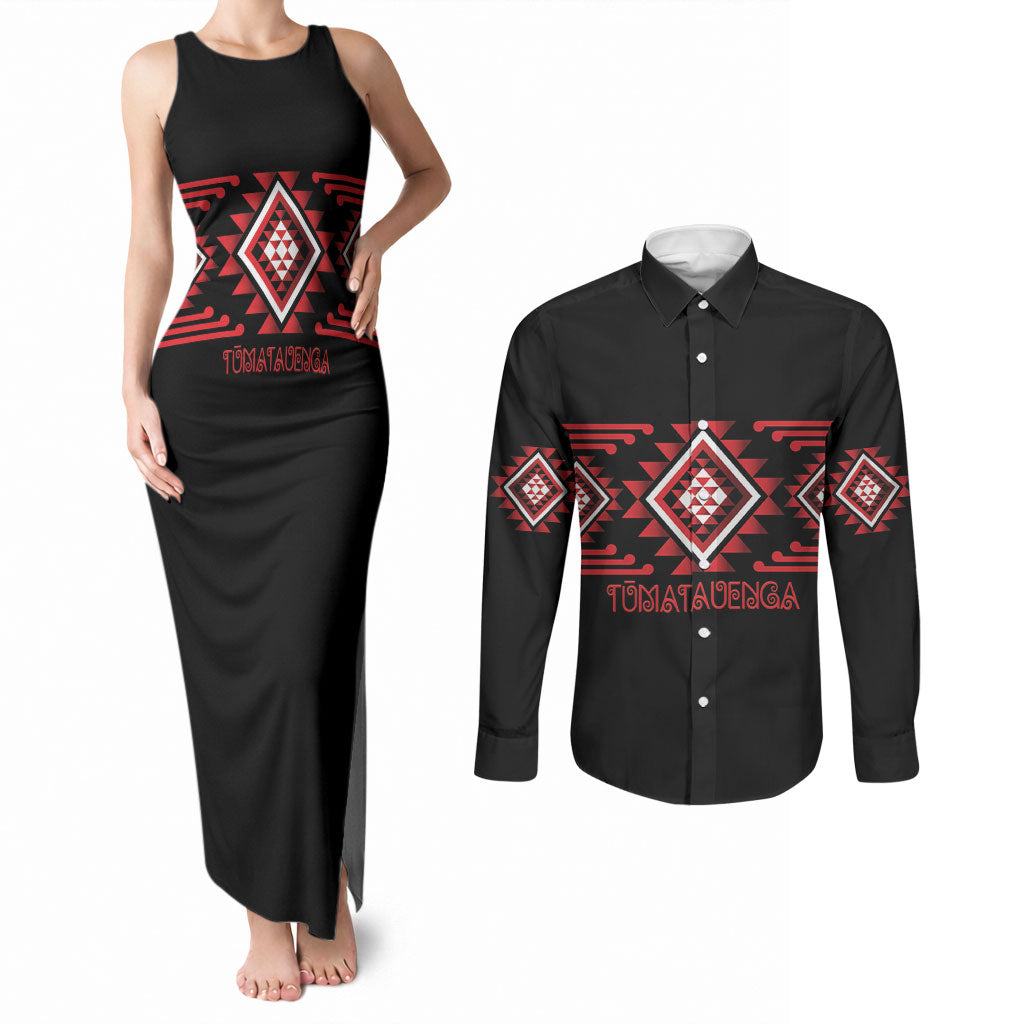 Aotearoa Atua Tumatauenga Personalised Couples Matching Tank Maxi Dress and Long Sleeve Button Shirt Maori God Of War Taniko Motifs LT14 Red - Polynesian Pride