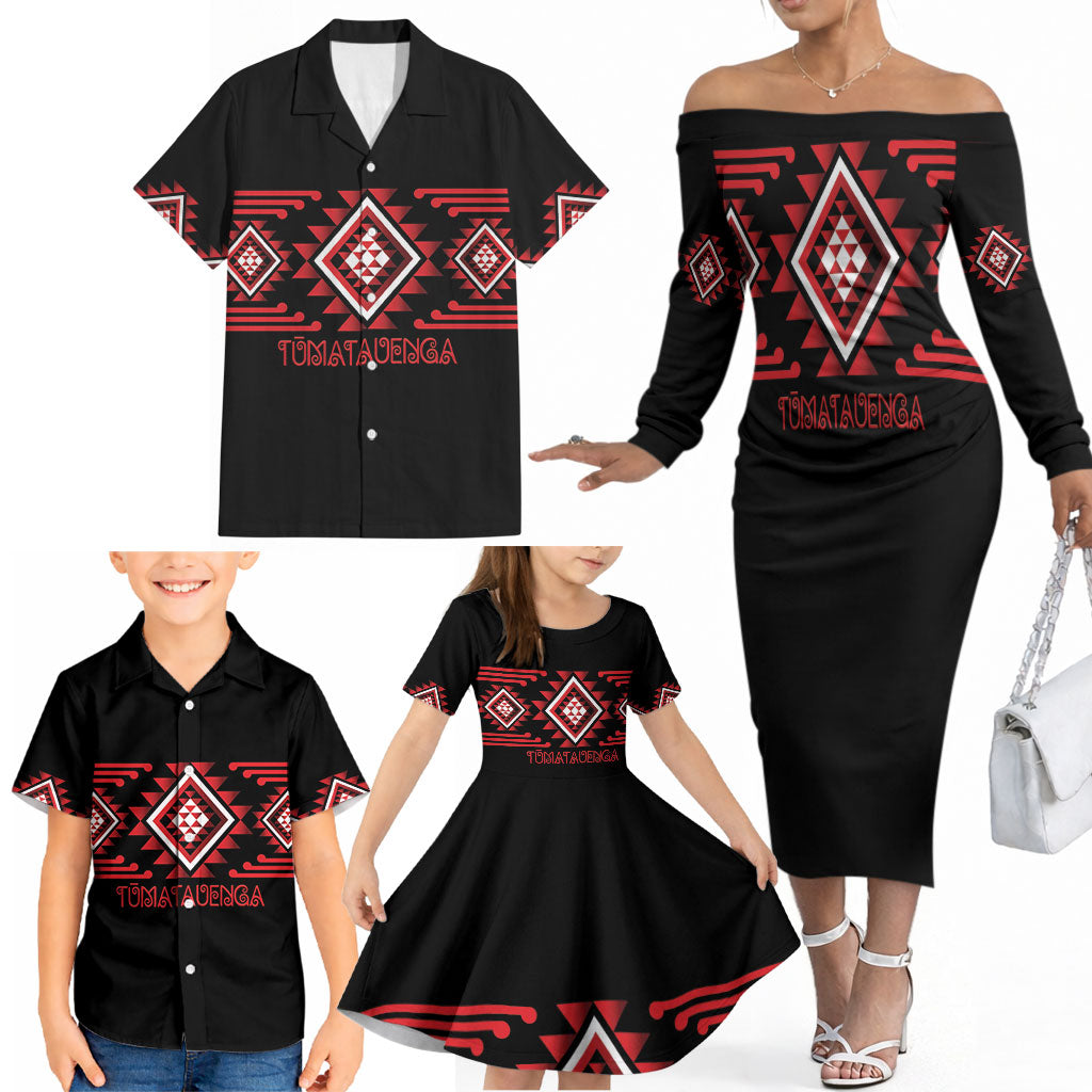 Aotearoa Atua Tumatauenga Personalised Family Matching Off The Shoulder Long Sleeve Dress and Hawaiian Shirt Maori God Of War Taniko Motifs LT14 - Polynesian Pride
