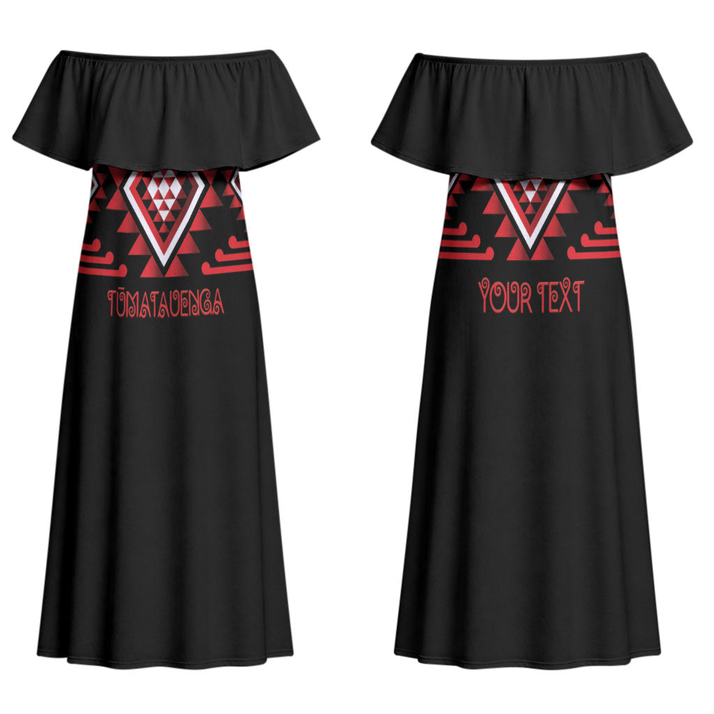 Aotearoa Atua Tumatauenga Personalised Family Matching Off Shoulder Maxi Dress and Hawaiian Shirt Maori God Of War Taniko Motifs LT14 Mom's Dress Red - Polynesian Pride